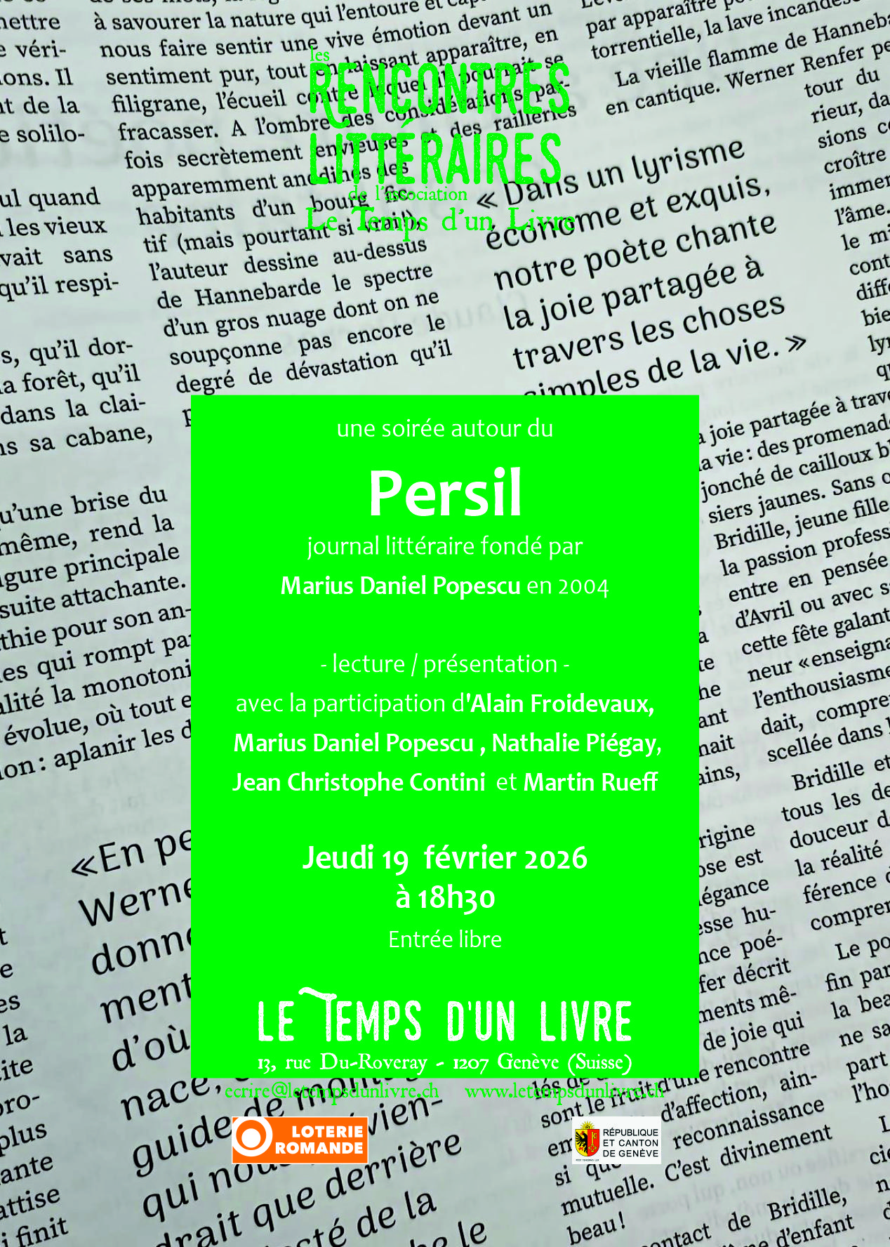 Vernissage du persil Contini, 19 février 2026, à Genève